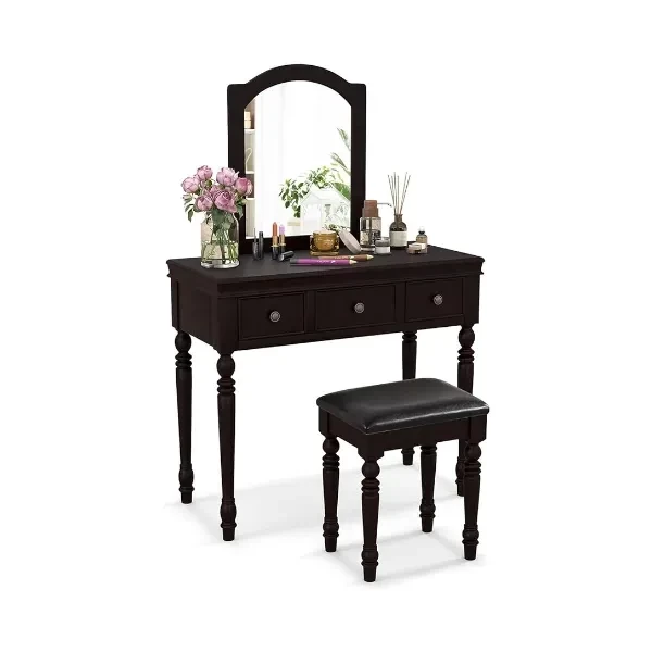 Makeup Vanity Desk with Mirror, Vanity Table Set with Soft Cushioned Stool, Dressing Table with 3 Drawers and Solid Wood Legs, Dresser Desk for Bedroom and Studio