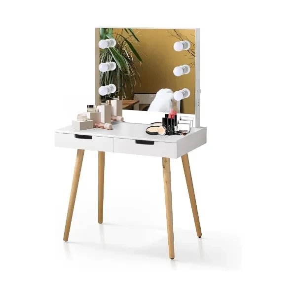 Vanity Makeup Mirror Desk Solid Wood+MDF Wooden Vanity Table Makeup Dressing Desk with LED Light and USB Port Dressing Table with 2 Drawers