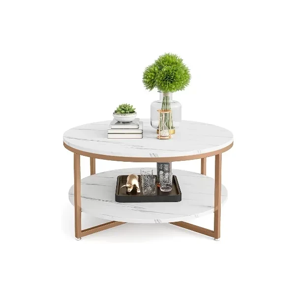 LITTLE TREE Round Coffee Table Two-Tier Coffee Table Modern Faux Marble Tabletop with Gold Metal Legs Open Storage Shelf for Living Room, White, Gold