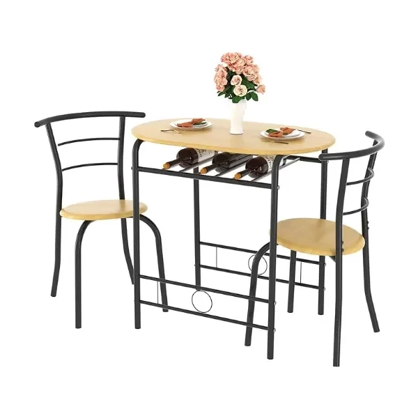 VECELO 3 Piece Small Round Dining Table Set for Kitchen Breakfast Nook, Wood Grain Tabletop with Wine Storage Rack, Save Space, Natural & Black