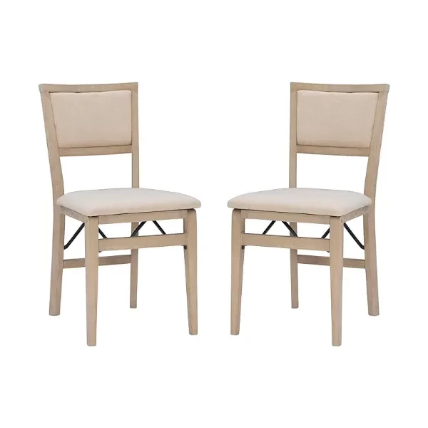 Linon Keira Wooden Folding Chair Upholstered Seat and Back Set of 2, Dining Height, Rustic Natural & Beige