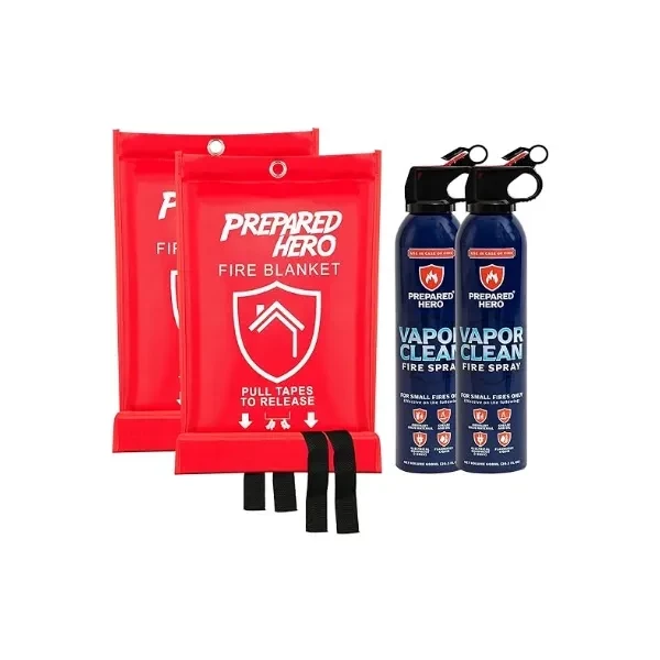 Prepared Hero Manta de emergencia contra incendios + spray contra incendios de limpieza por vapor, paquete de 2, extintor para el hogar, cocina, veh�culo, caravana